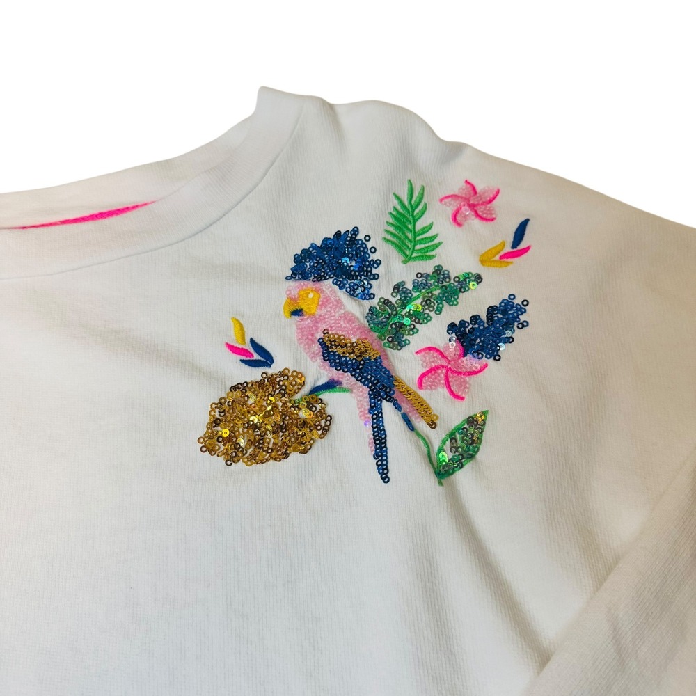 Lilly Pulitzer White Parrot Sequin Tropical Embroidered Crew Neck Sweatshirt - Picture 3 of 10